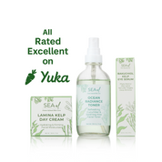 Sea el skincare products with 'Yuka' logo and text on a white background. 