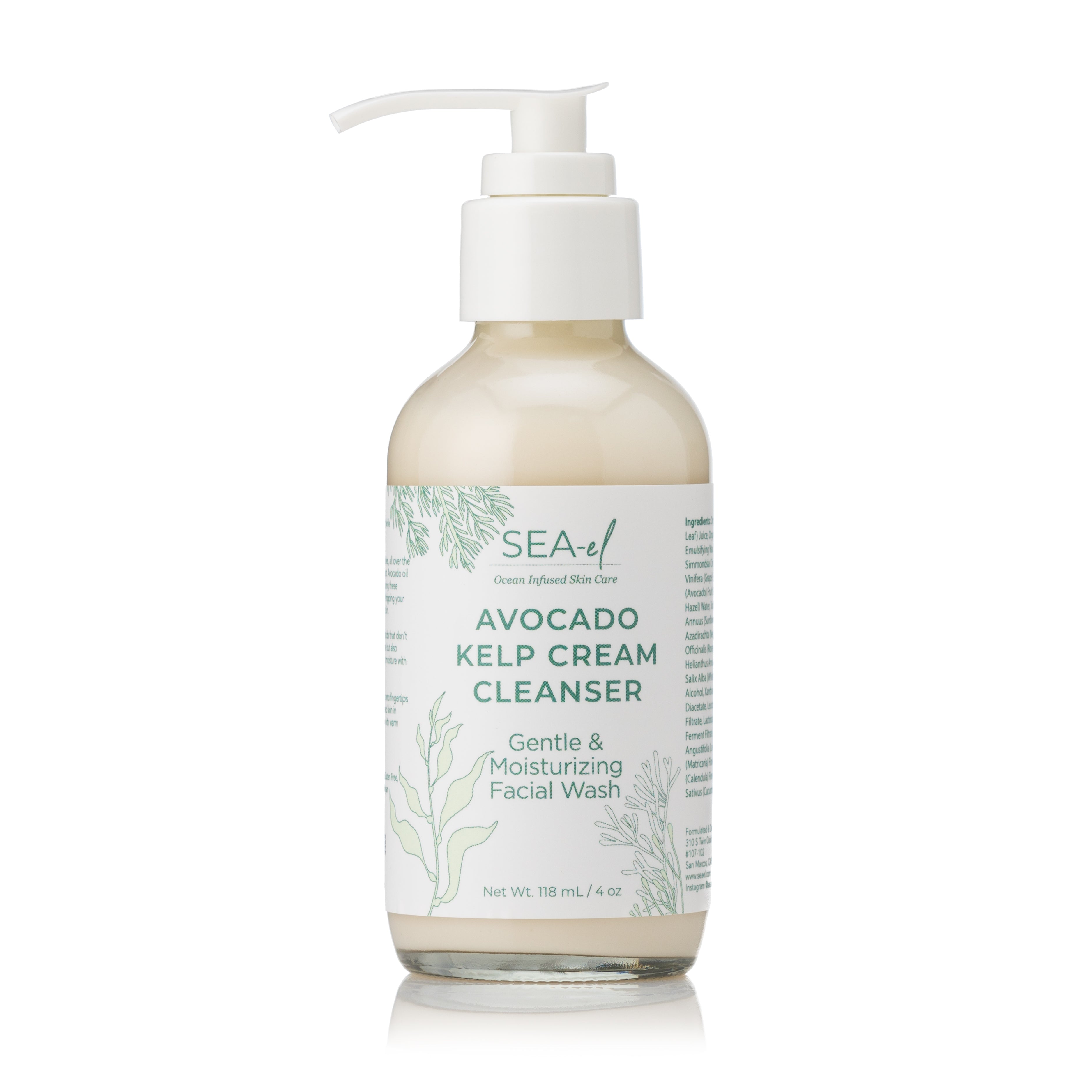 A glass pump bottle of SEA EL Skincares cleanser, Avocado Kelp Facial Cleanser with label detailing the product name and benefits with a white backround.