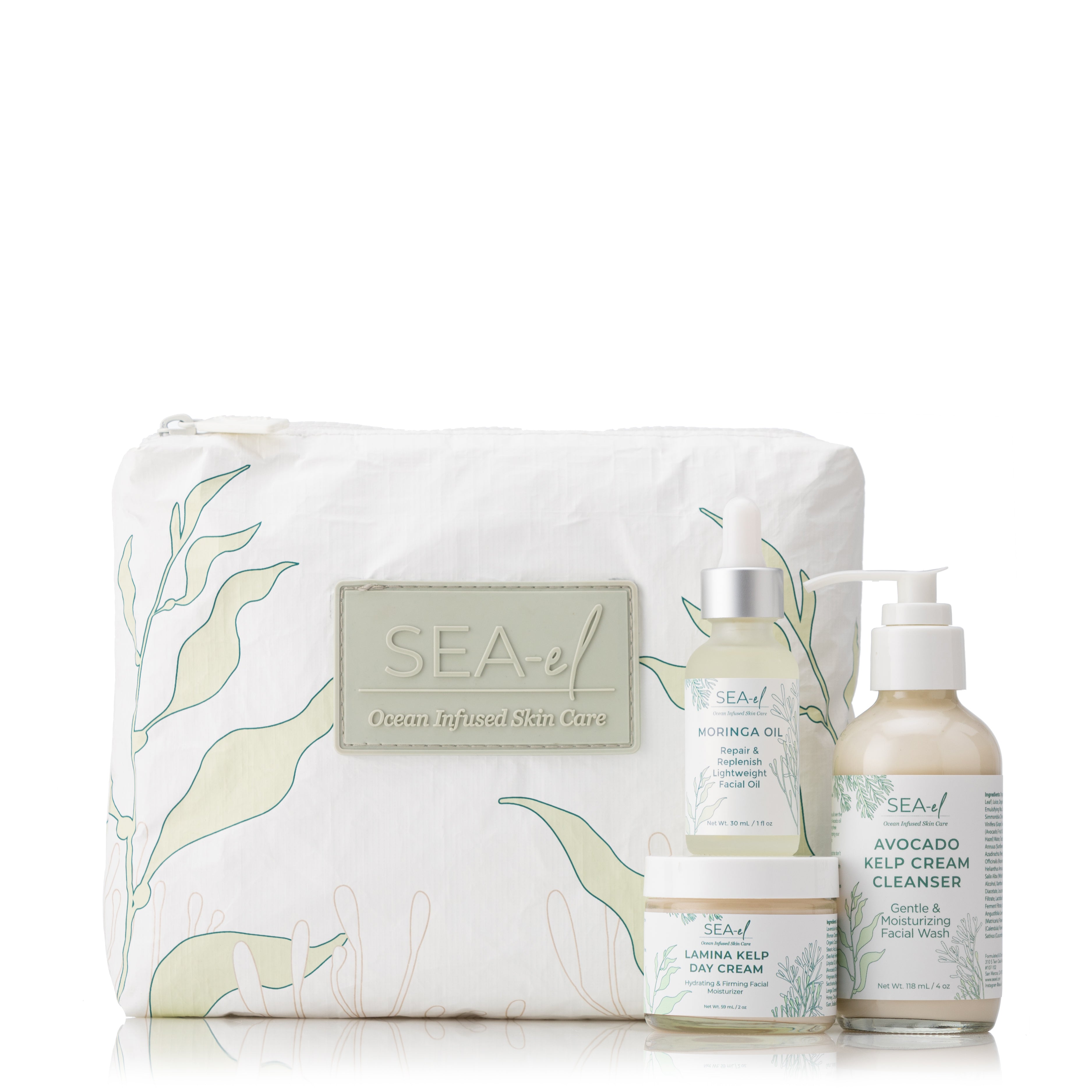 Image of our Sea el bundle with our Cleanser, Moringa Oil, Day Cream and our kelp-forest travel bag.
