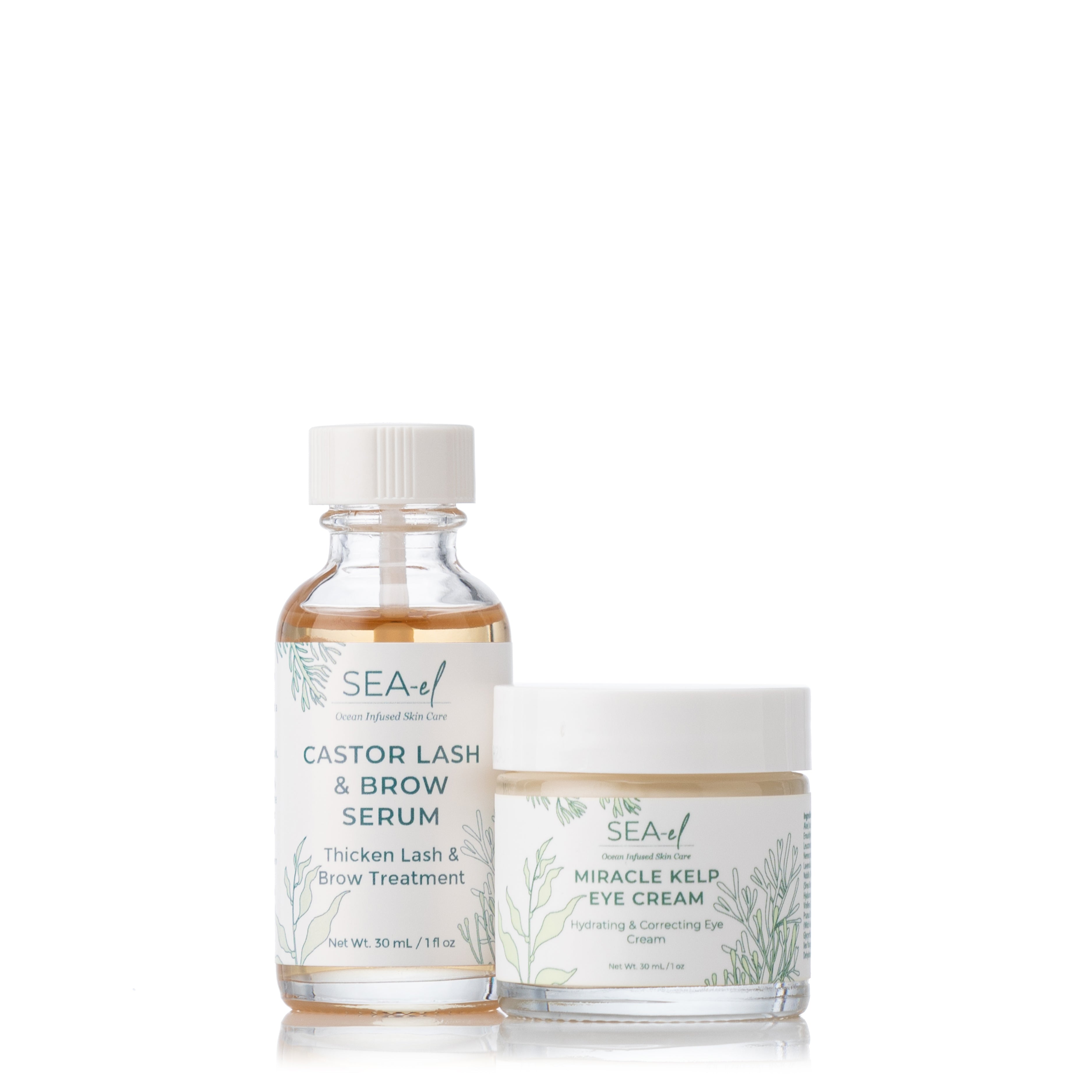 A bottle of Castor Lash & Brow Serum and a jar of Miracle Kelp Eye Cream.