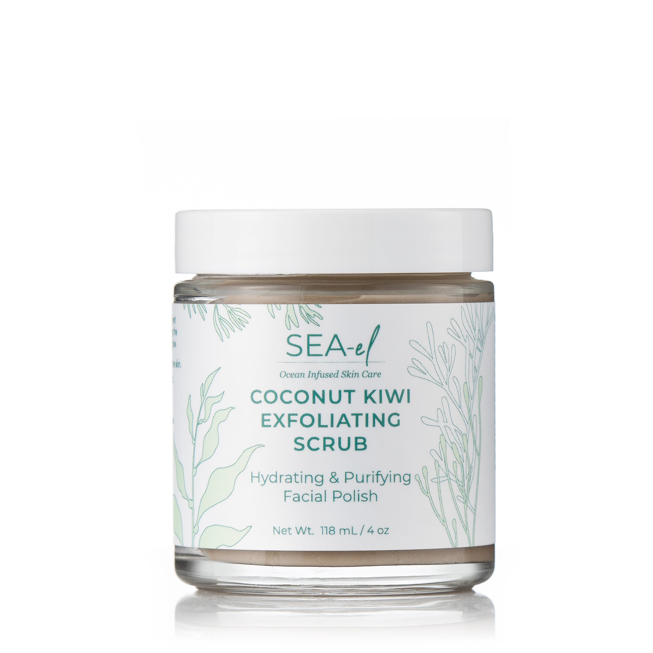 A jar of Coconut Kiwi Exfoliating Scrub with a white lid and label that includes botanical illustrations.