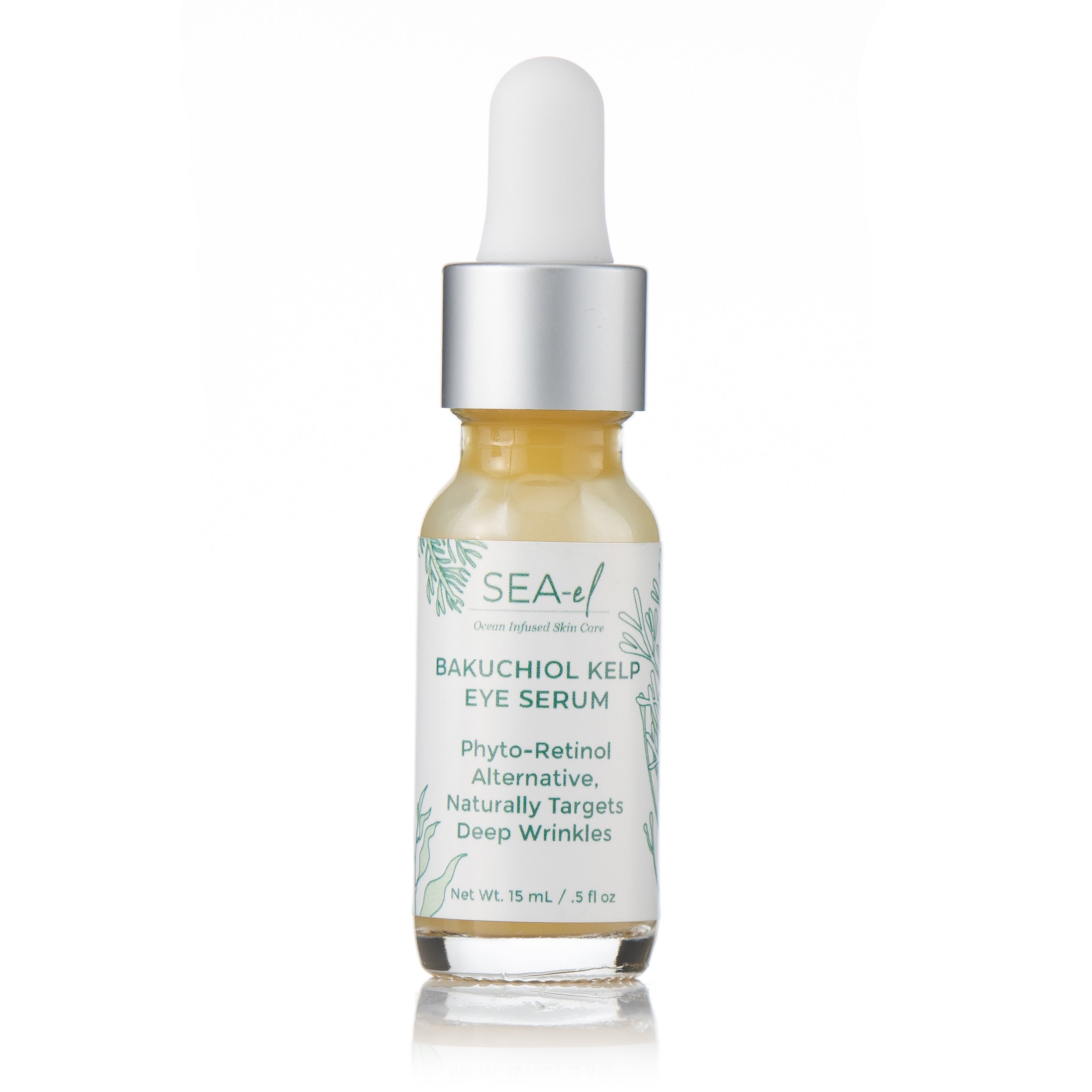 A bottle of Bakuchiol Kelp Eye Serum with a dropper, labeled with the product name and benefits.