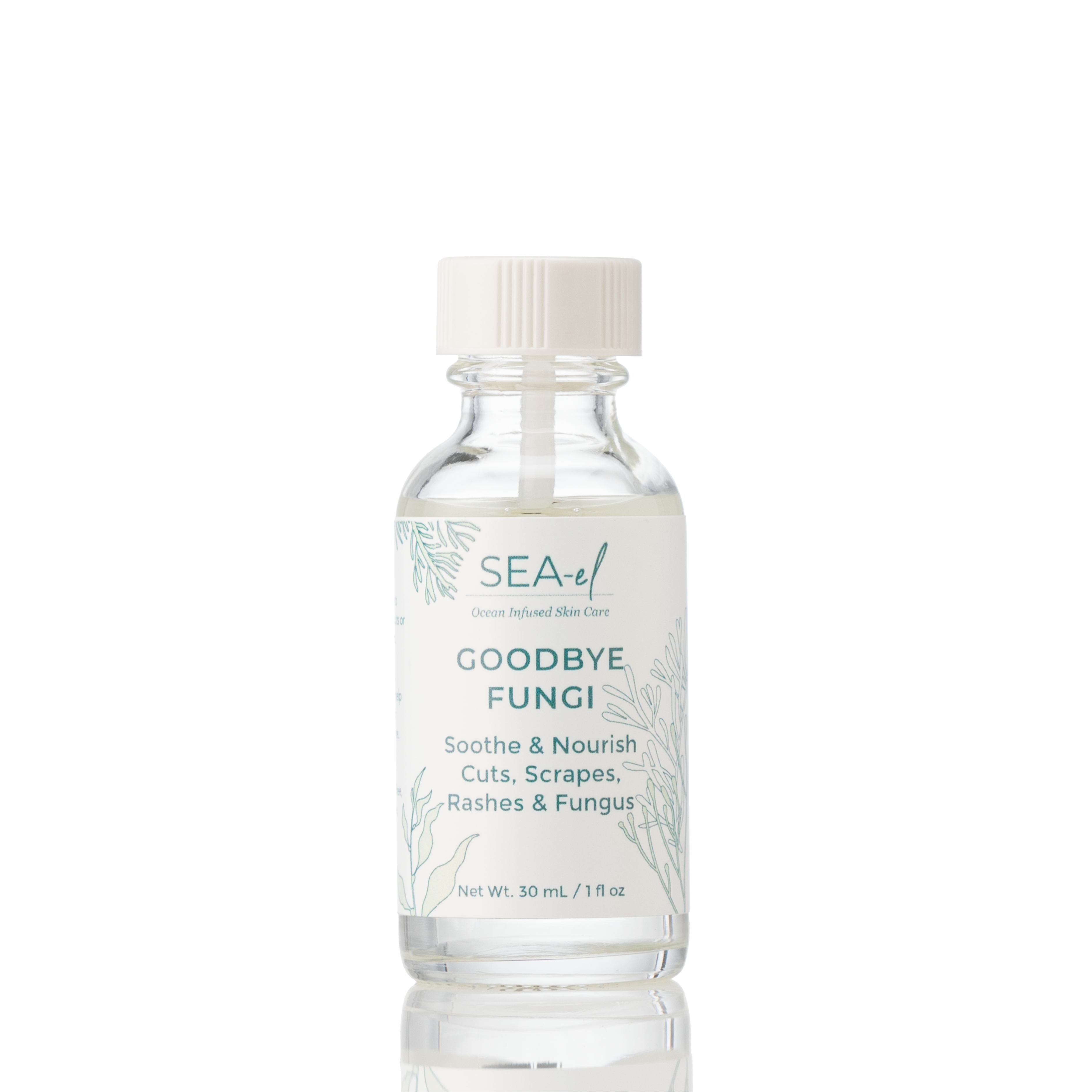 A clear bottle with a white label that reads 'GOODBYE FUNGI', along with the description 'Soothe & Nourish Cuts, Scrapes, Rashes & Fungus'. The bottle has a white cap and is presented on a white background.